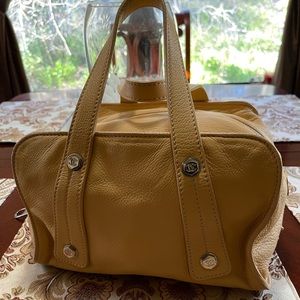 Authentic CHANEL Soft Yellow with Silver Hardware Calfskin Bowler Hand Bag